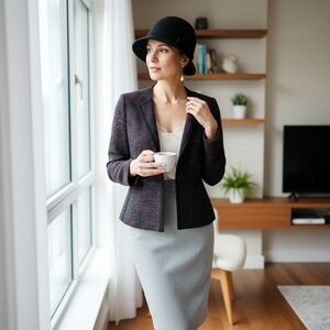 Kasper Tailored Deep Red & Black Trim Textured Blazer Sz 2P